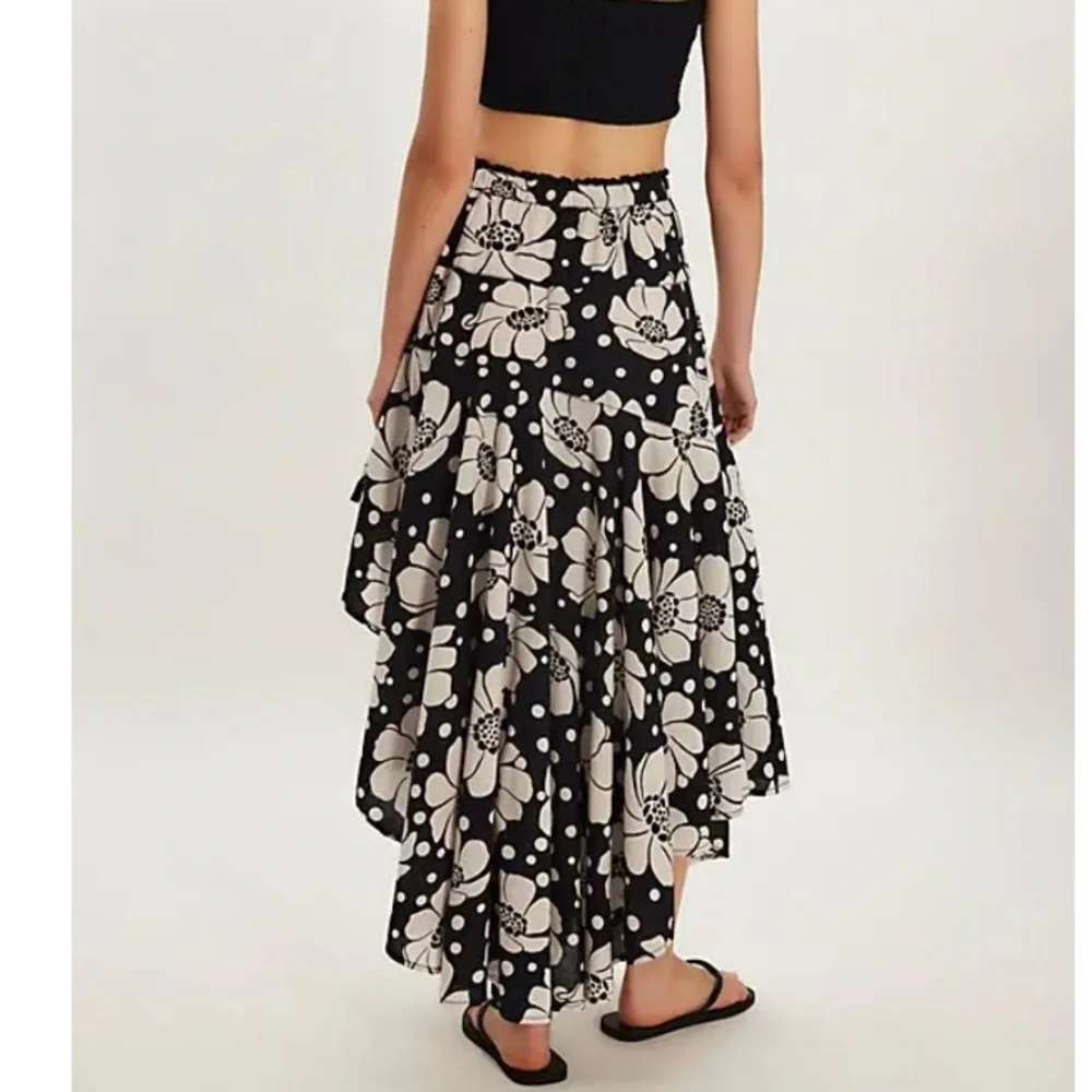 Free People Black and White Asymmetrical Floral High-Low Skirt